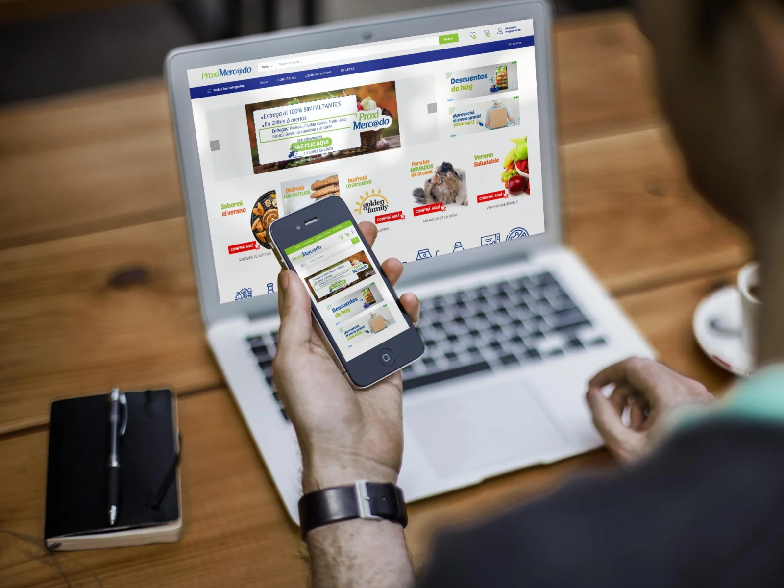 Ecommerce de supermercado en laptop y teléfono